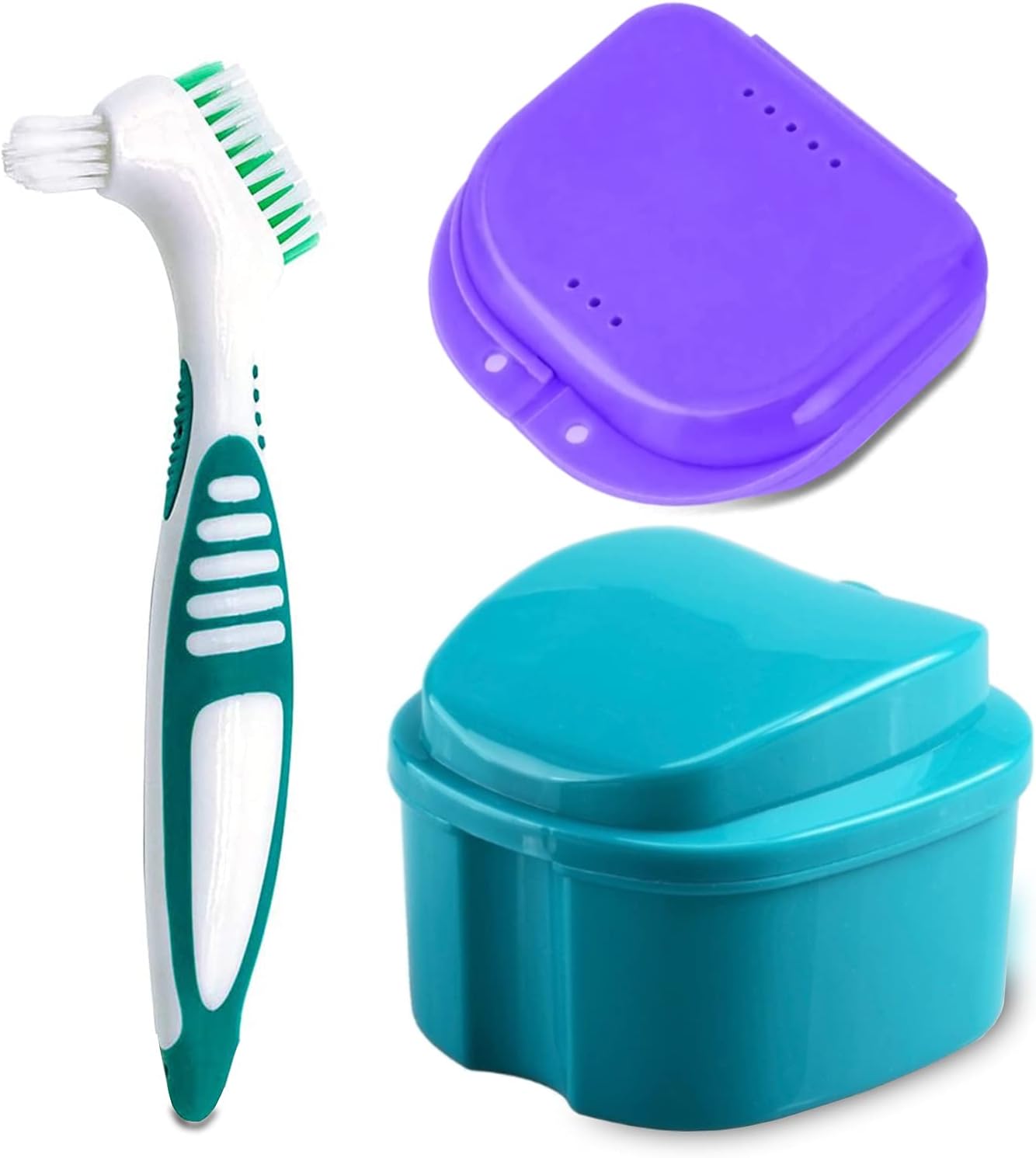 Denture Bath Case Cup with Denture Cleaner Brush & Retainer Holder Box, Complete Clean Care for Dentures, Clear Braces, Mouth Guard, Night Guard & Retainers,Traveling