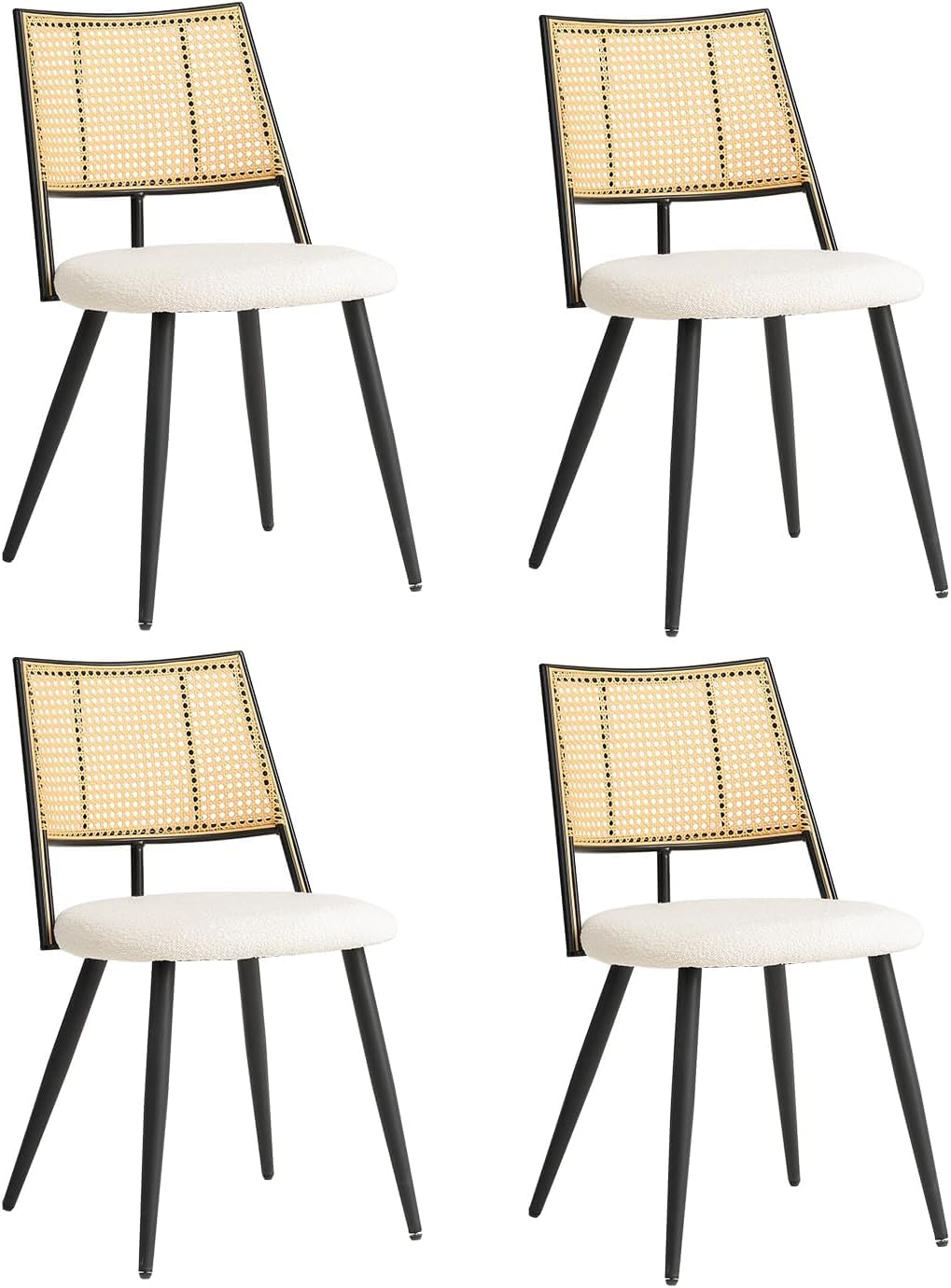 GrandCA HOME Lot de 4 Chaises Assises Rembourrées en Rotin, Structure en Métal Noir et Dossier en Rotin Naturel. Convient pour la Cuisine et Le Salon Salle à Manger #02