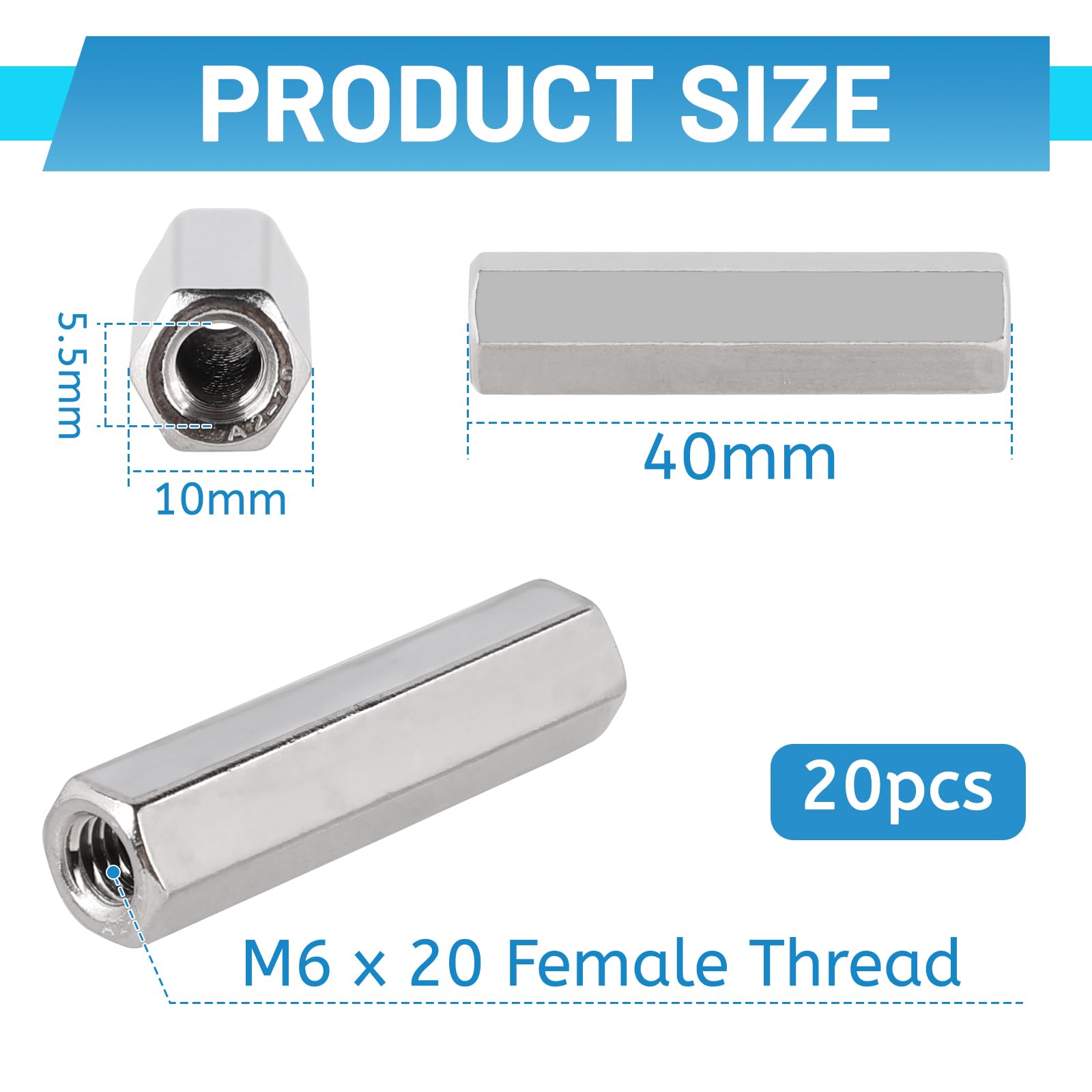 LALAGO 20 Piezas M6 x 40mm Tuercas de Unión Largas de Acero Inoxidable VA V2A A2, Tuerca para Atornillar Manguitos de Unión Hexagonales, Tornillos de Tuerca Cruzados Manguitos Roscados