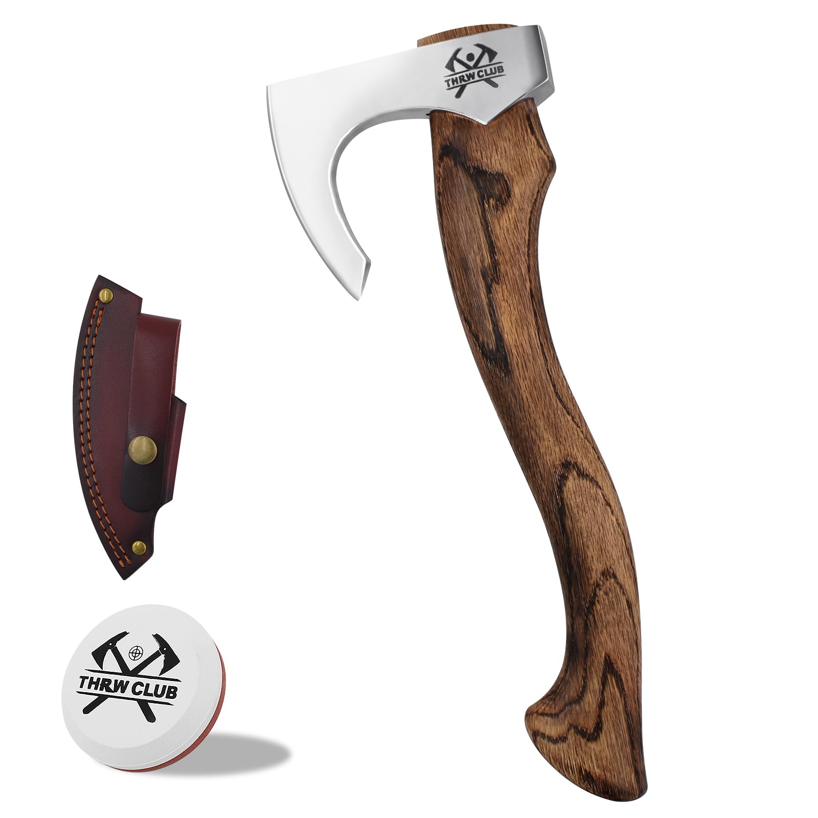 Camping Hatchet, Hatchet Axe with Leather Sheath, 15'' Bushcraft Axe with 1065 High Carbon Steel and Beech Handle, Survival Hatchet for Wood Splitting, Chopping, Ideal Gift for Men