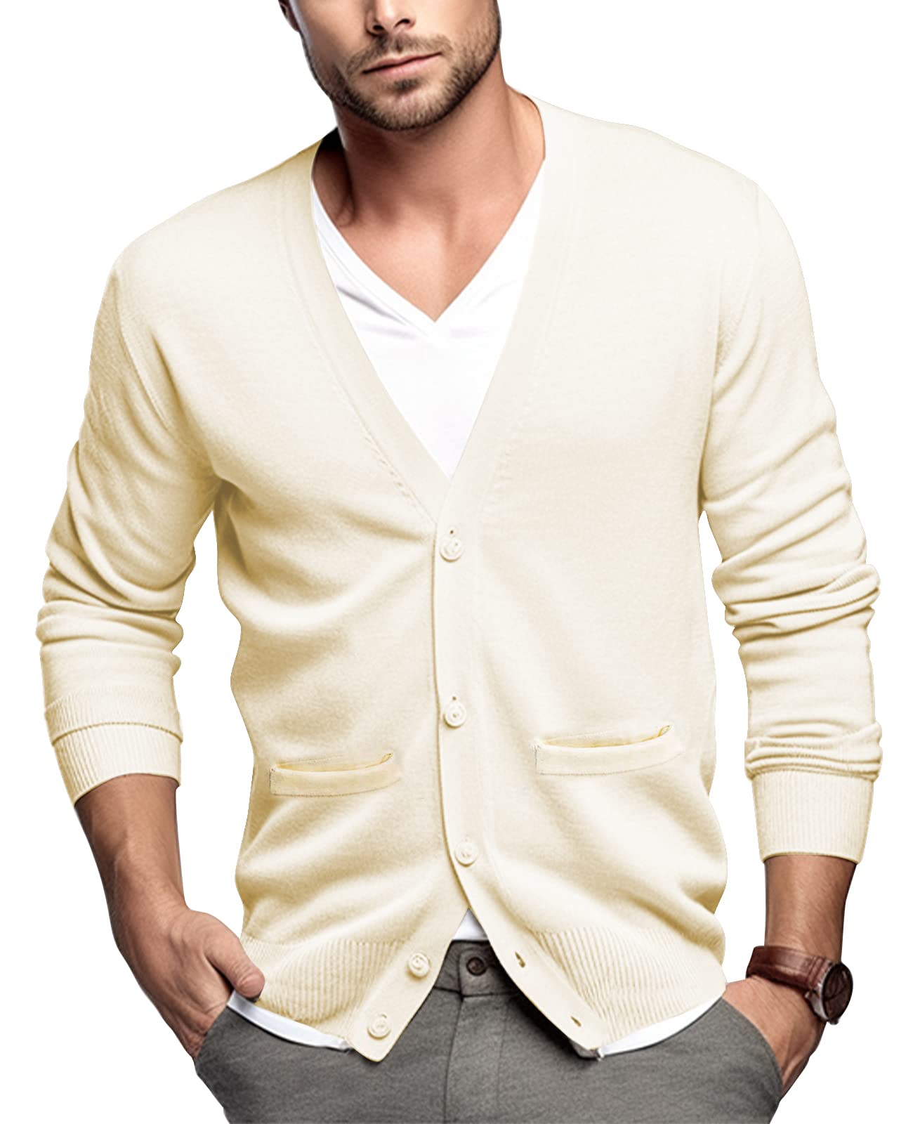 Mens Cardigan Sweater 100% Cotton Pockets Casual Slim Fit V-Neck Knitted Sweaters Button up-image-49