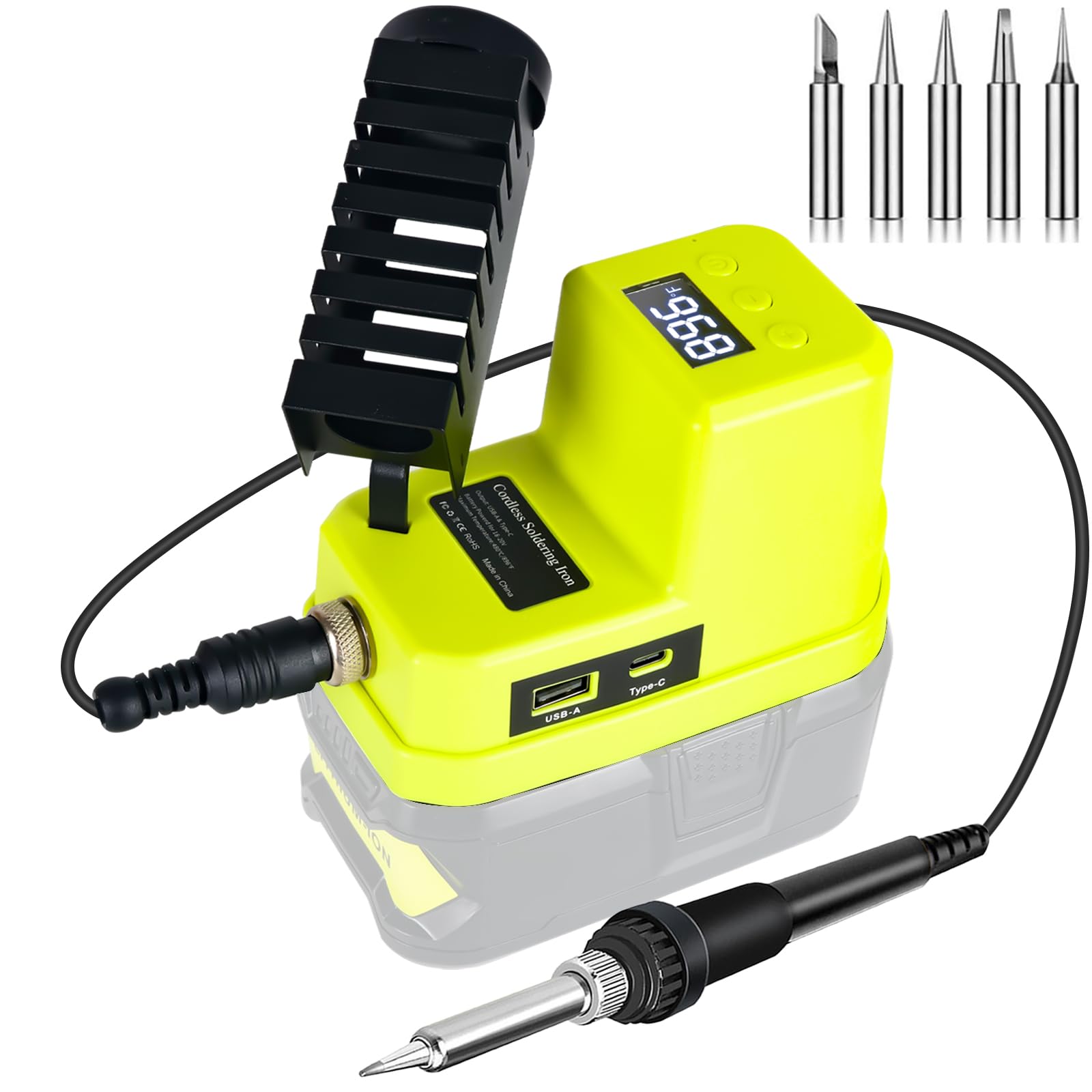Wireless Soldering Iron for Ryobi 18 V Battery, Fast Heating, Electric Digital LCD Soldering Station with USB and Type-C Charging Ports, Portable Adjustable Soldering Iron Set for DIY Enthusiasts