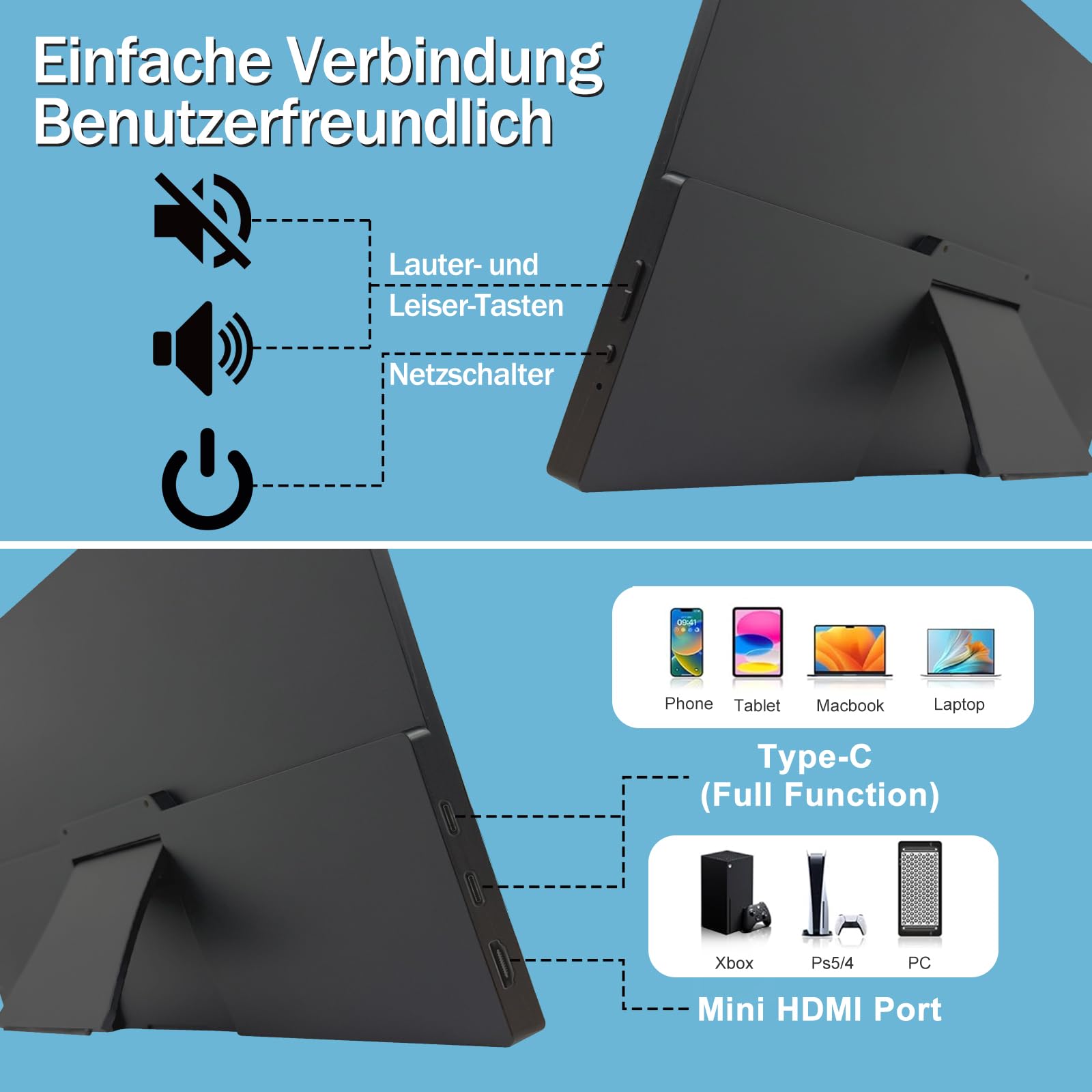 15,6 Zoll 2,5K Touchscreen Monitor,FHD 2880x1620 IPS 100Hz 16:9,10-Punkt-Touch Portable Monitor with 100%sRGB,Ultradünn Erweiterter Tragbarer Monitor für Laptops/PCs/Smartphone/Macs/Xbox/PS5