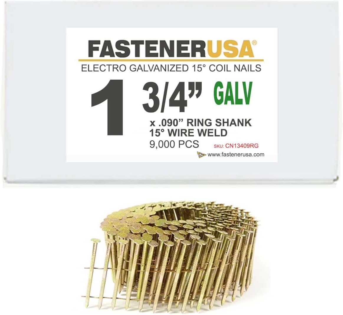 1 3/4" x .090 Ring GALV Coil Nails 15-DEG Wire 9,000ct
