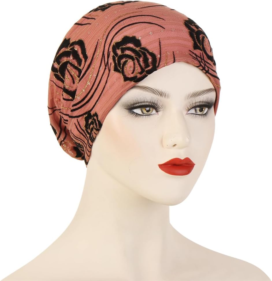 Chemo Turban Headwear for Women Rose Flower Print Lace Caps Beanis Headwrap Scarf Hats Cancer Headcover