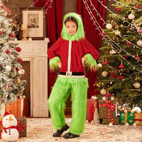 Disfraz de niño monstruo verde con capucha Navidad miniatura 3