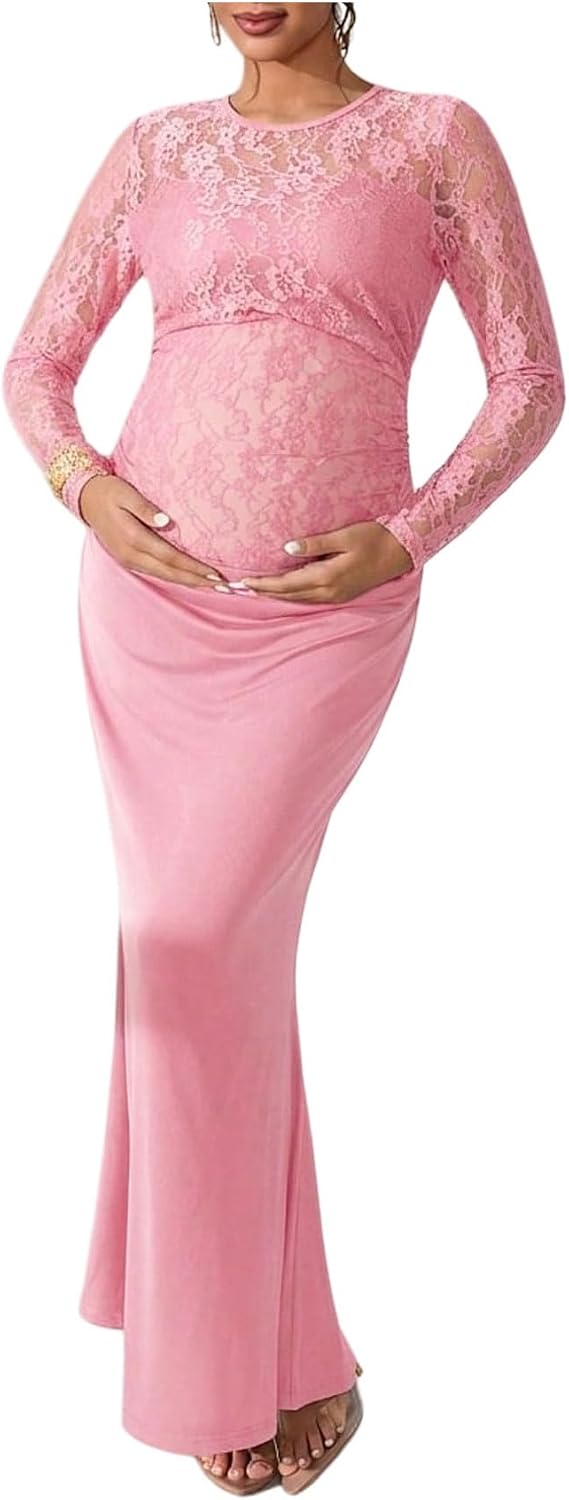 OYOANGLE Women's Maternity Sheer Lace Long Sleeve Bodycon Maxi Dress