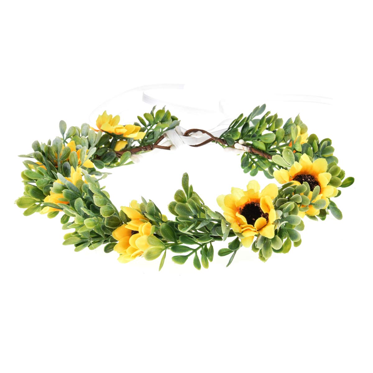 Lucky Summer Women BOHO Flower Headband Green Leaf Crown Bridal Hair Wreath (Sunflower Yellow)