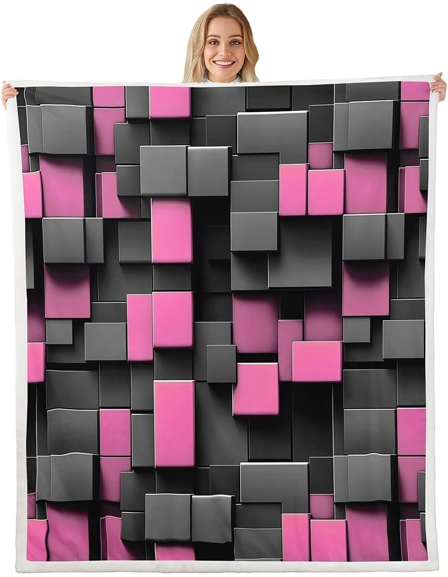 Castle Fairy Square Geometric Flannel Blanket Neutral Minimal Kids Girls Boys Adult Sherpa Blankets Pixel Game Modern Living Room Decor Lightweight Fleece Blanket Plush Blankets 40"x50" Cube Pink