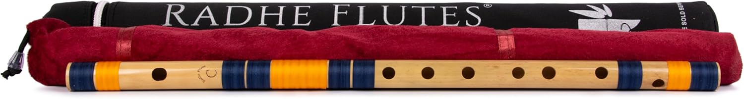 Radhe Flutes | PROFESSIONAL Bamboo Bansuri | C Natural | Right Handed | Middle Octave | With Hard Cover | Velvet Cover & Paper Tube | Dark Blue & Orange