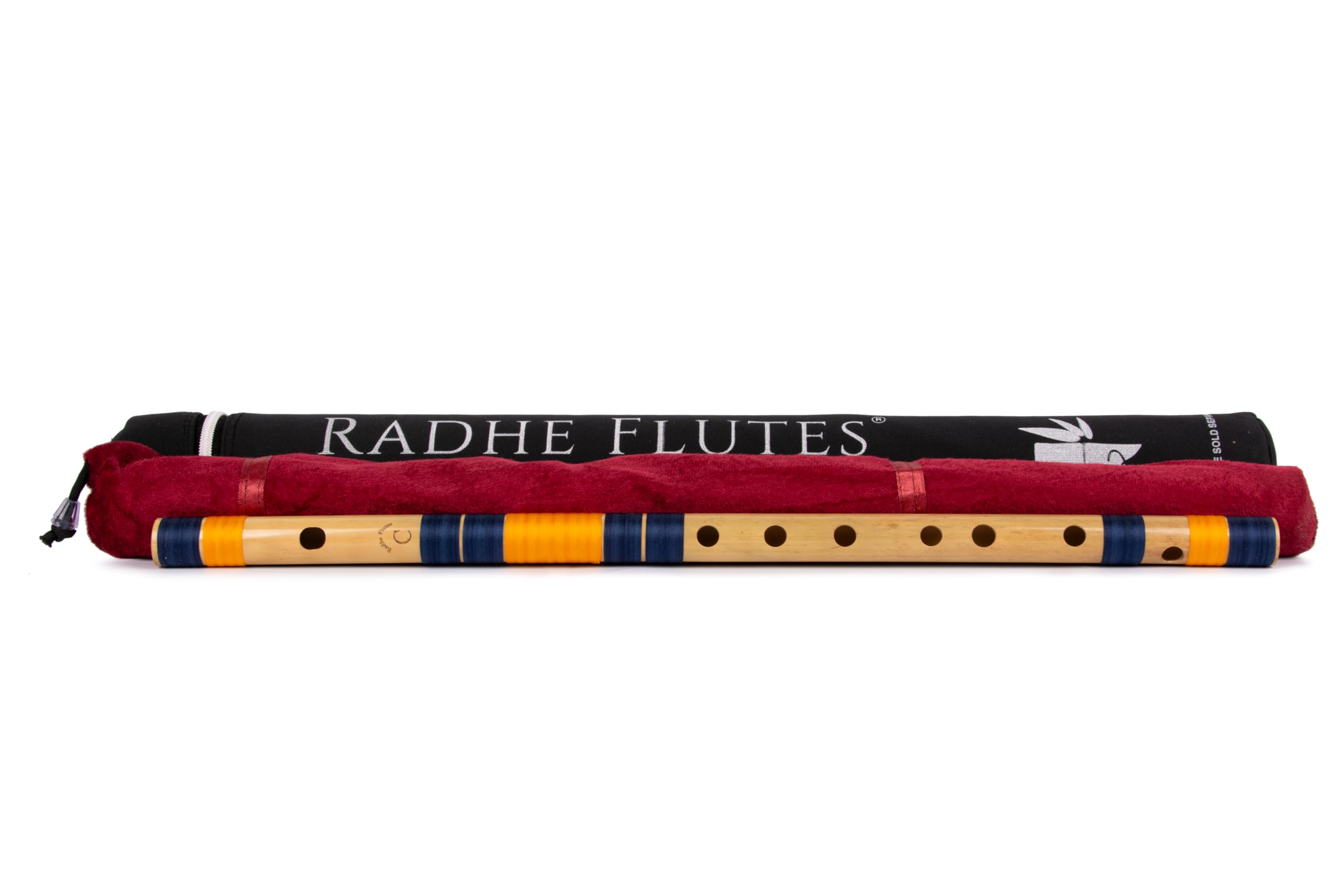 Radhe Flutes Professionelles Bambus-Bansuri, C Natur, Rechtshänder, mittlere Oktave, mit festem Einband, Samtbezug und Papierröhre, Dunkelblau und Orange