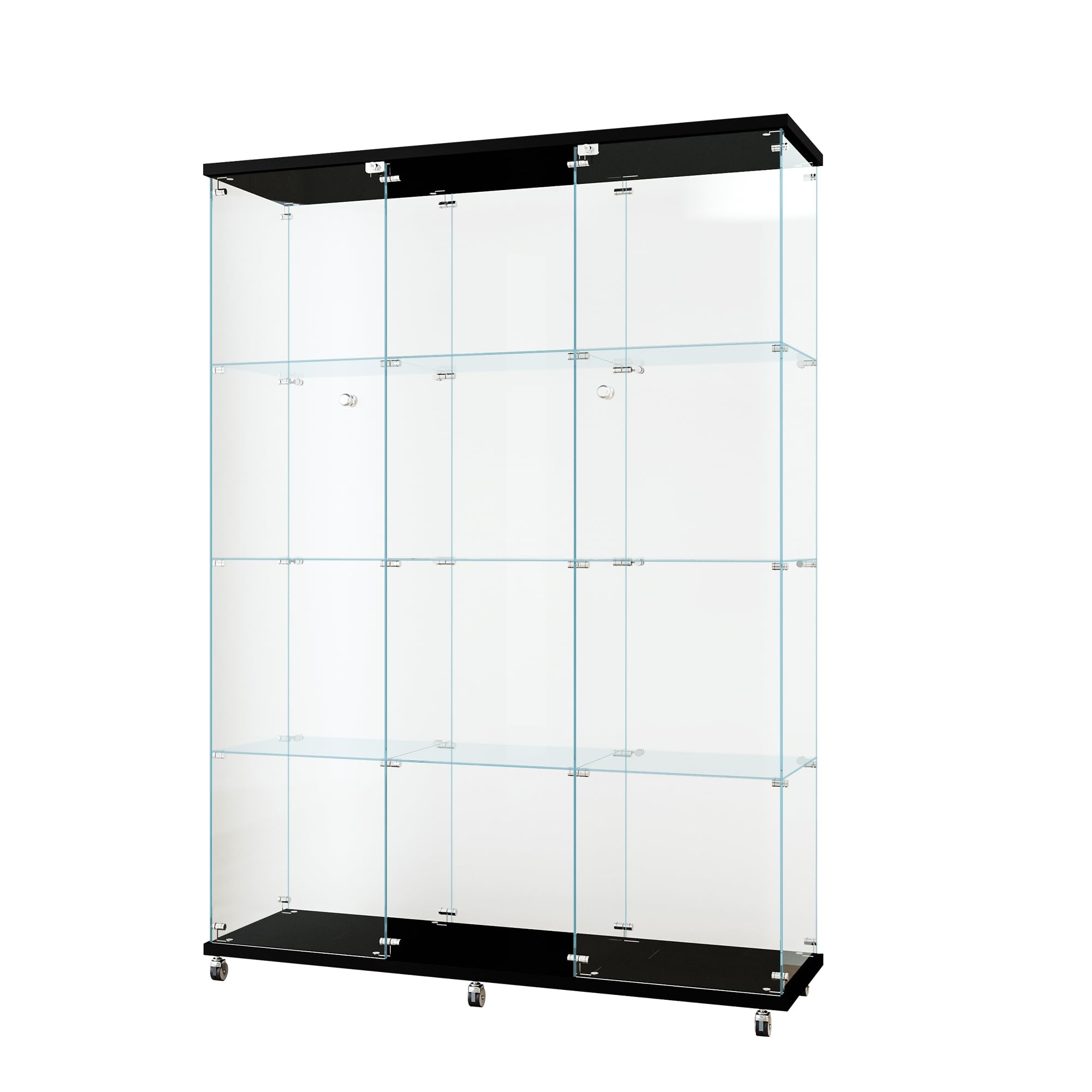 YiaFurio 3 Column Curio Glass Display Cabinet with 2 Glass Door, 4 Layers, Black, 47.64" W x 14.57" D x 66.14" H, Living Room, Office, Bedroom