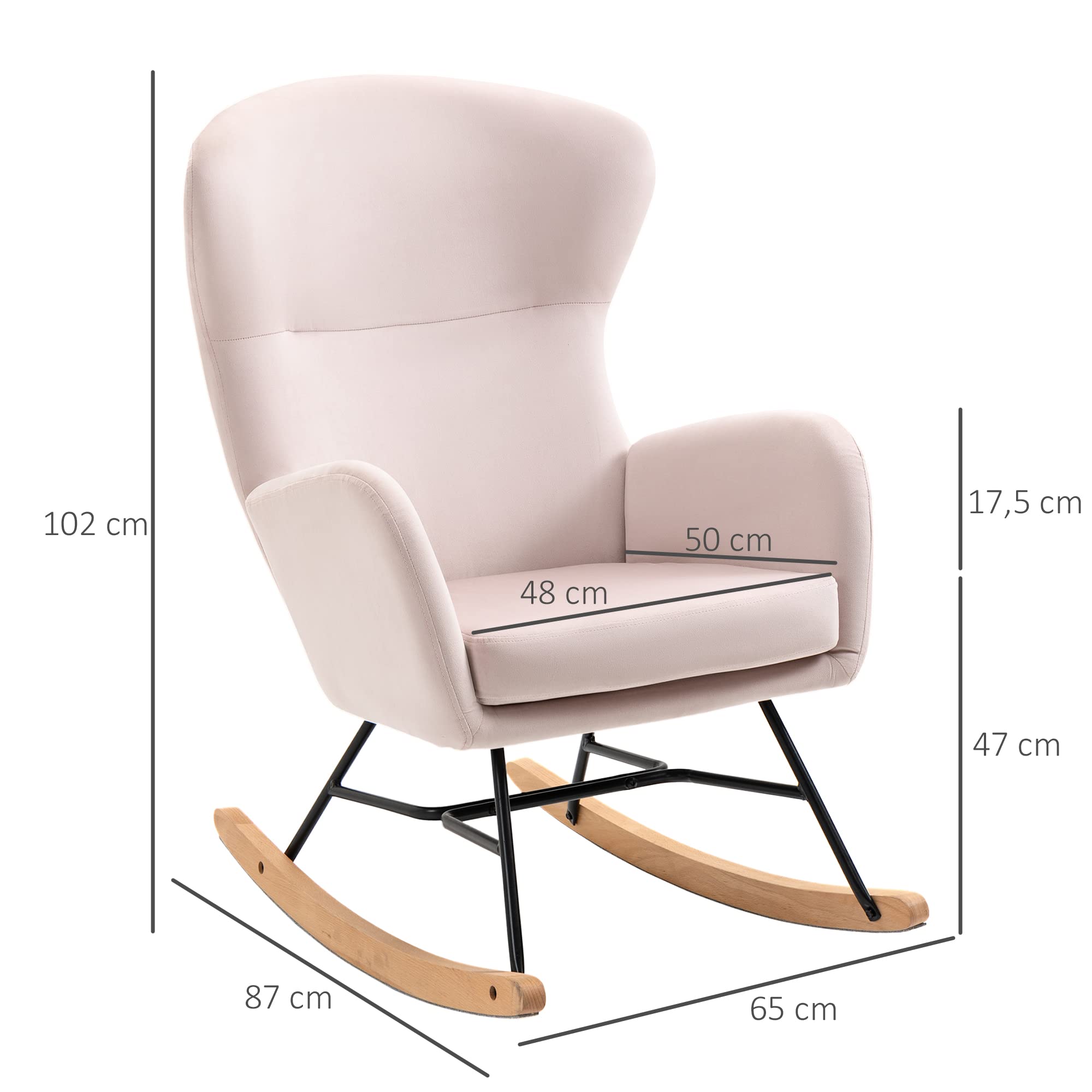 HOMCOM Silla Mecedora Tapizada en Terciopelo Sillón Balancín Relax con Asiento Acolchado Reposabrazos y Pies de Madera de Haya para Salón Dormitorio 65x87x102 cm Rosa