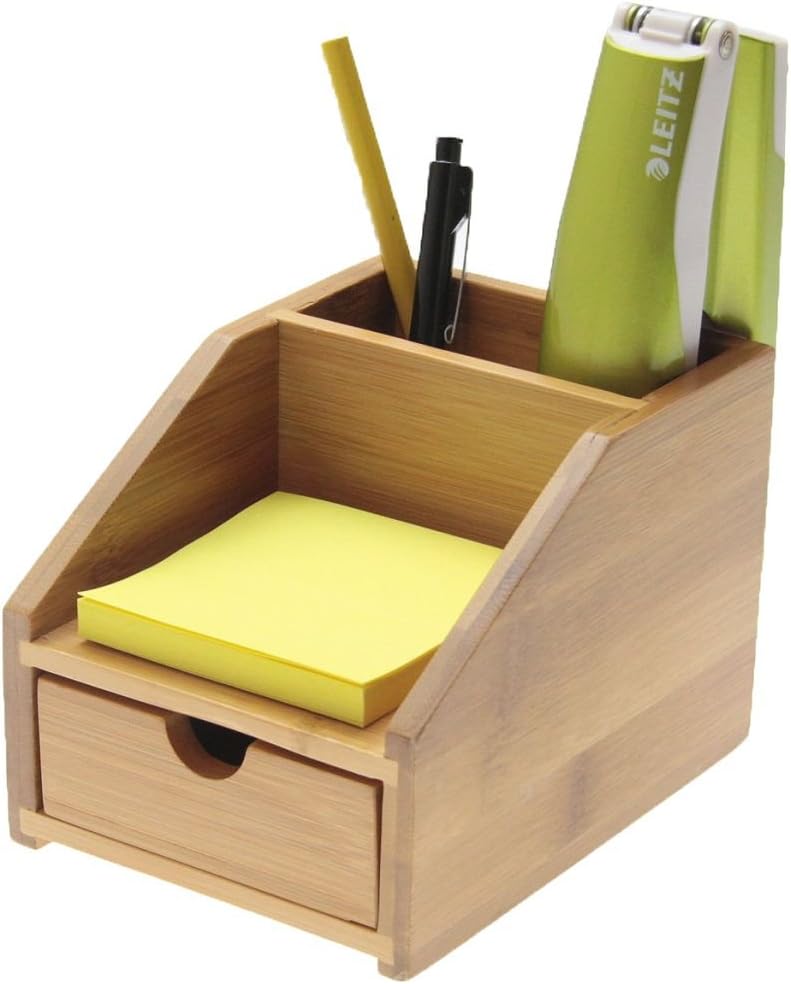 Woodquail Small Desk Stationery Organiser with Drawer, Made of Natural