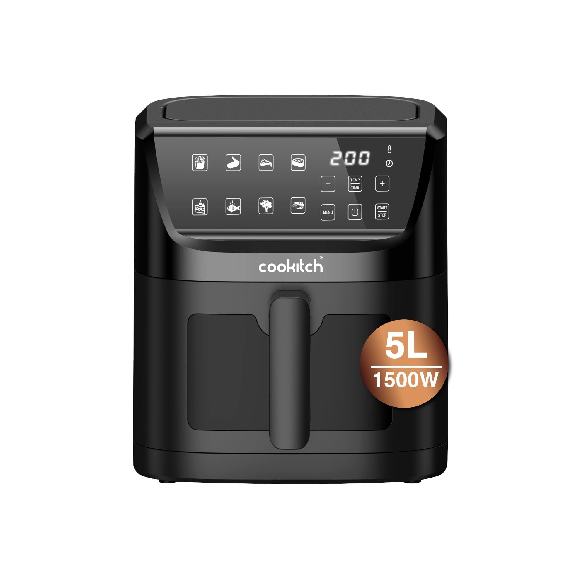 AIR FRYER 5L BLACK – Freidora de Aire con Pantalla LED, Capacidad 5L, 1500W, Ventana Transparente, Temperatura 80–200°C, Temporizador 60min – Sin Aceite, Saludable, Compacta