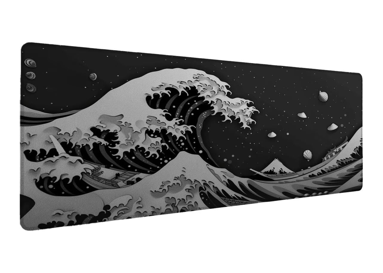 Gamingowa podkładka pod mysz XXL, 1000 x 500 x 3 mm, szara, oceaniczna podkładka na biurko, antypoślizgowa gumowa podstawa, na biurko, szyte krawędzie, podkładka pod mysz, mata na biurko, do domu