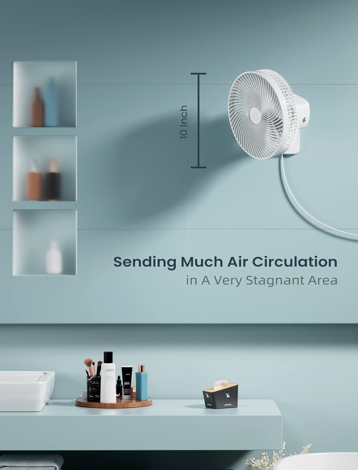 10 Inch Quiet Wall Mount Oscillating Fan with Remote & Timer, 4-Speed Portable Air Circulator for RV Indoor Use, Adjustable Tilt with 5.9ft Adapter, 90° Cooling for Home Office Bedroom Bathroom