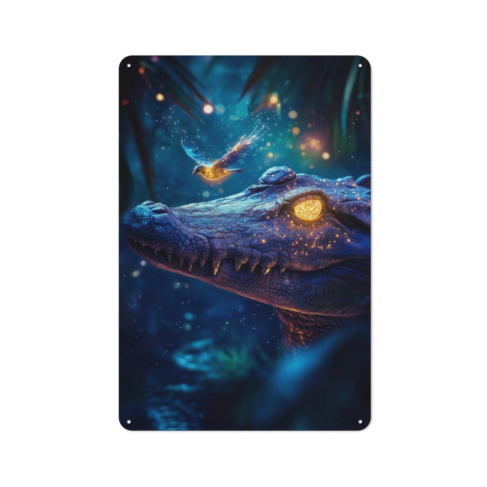Junmoney Crocodile And Bird In Night Forest Decorative Metal Sign 30X20cm, Creative Studio Wall Plaque For Hobby Room, Office, Lounge Or Living Room