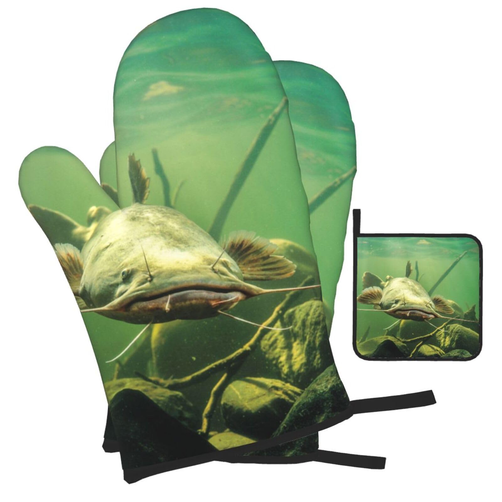 Underwater catfish Printed Oven Mitts and Pot Holders Heat Resistant Set of 3 Pcs, Modern Kitchen Gloves & Potholders for Cooking Baking Grilling
