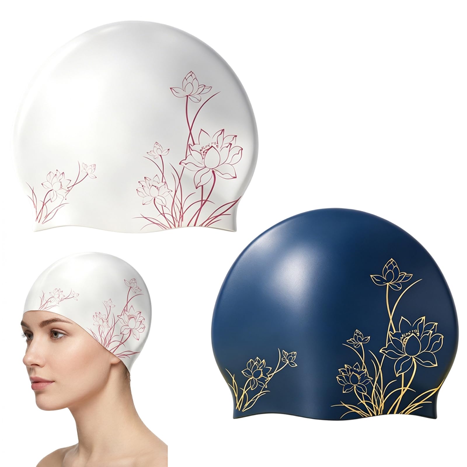 2Pcs Swimming Cap Women, Swim hat Women Flower Patern Swimming Cap（pink，blue）