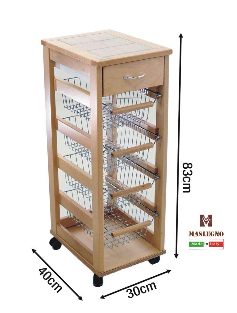 Carrello Portafrutta Vesuvio In Legno Ciliegio - Salvaspazio, Con Cassetto, 84x29x39cm