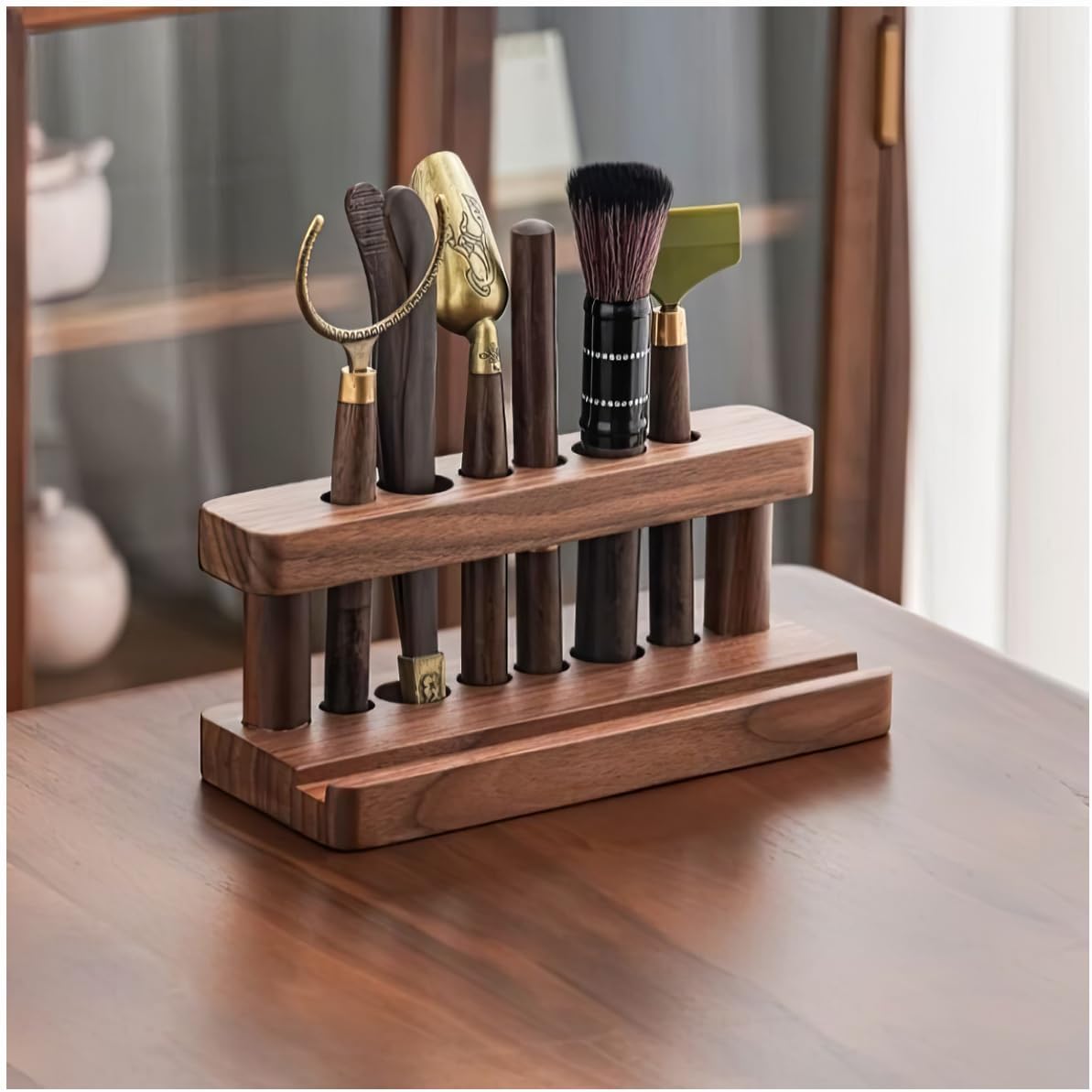 Tea Ceremony Six Gentlemen Set, Chinese Gongfu Tea Making Tools，Multifunctional Tea Ceremony Accessories Combination for Rack Clip Knife Needle Spoon (Walnut color)