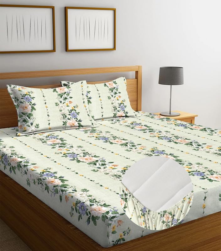 Image of la'amour Premium Cotton Elastic Fitted Bedsheets with 2 King Size Pillow Covers Double Bed with All Around Elastic Supersoft Size - 72 King Sizex78+10 inches Green Leaf 200 tc - 220 tc