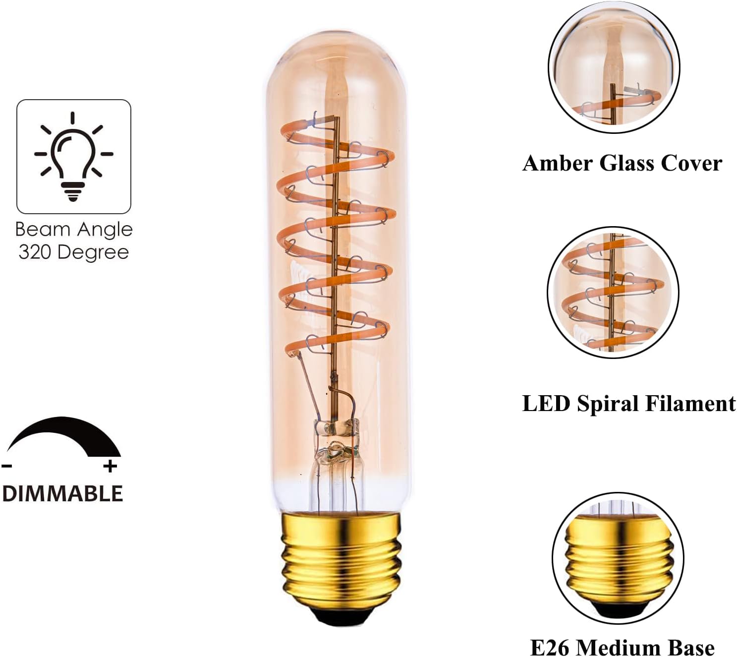 T10 LED Bulbs 40 Watt Equivalent 4W Dimmable Edison Tubular Light Bulb E26 Medium Base 2700K Warm White, T10 Vintage Amber Glass Spiral Filament LED Light Bulb, 2 Pack
