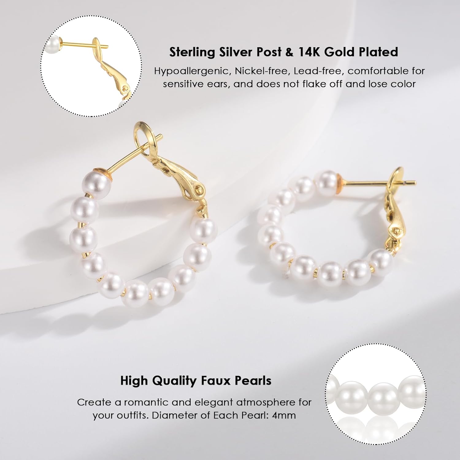 CERSLIMO Pearl Hoop Earrings for Women - 3 Pairs 14K Gold Plated & Sterling Silver Post Big Large Hoops 4mm Pearl Earrings Jewelry Gifts 20/30/40/50mm - Image 6
