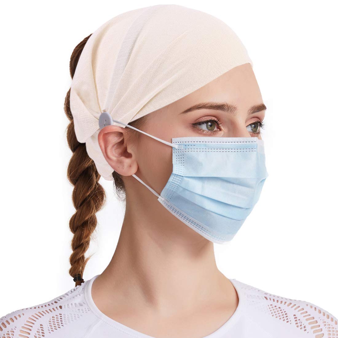 Women Working Cap with Button Bouffant Hats Elastic Headbands Head Cover for Face Masks and Covers Beige