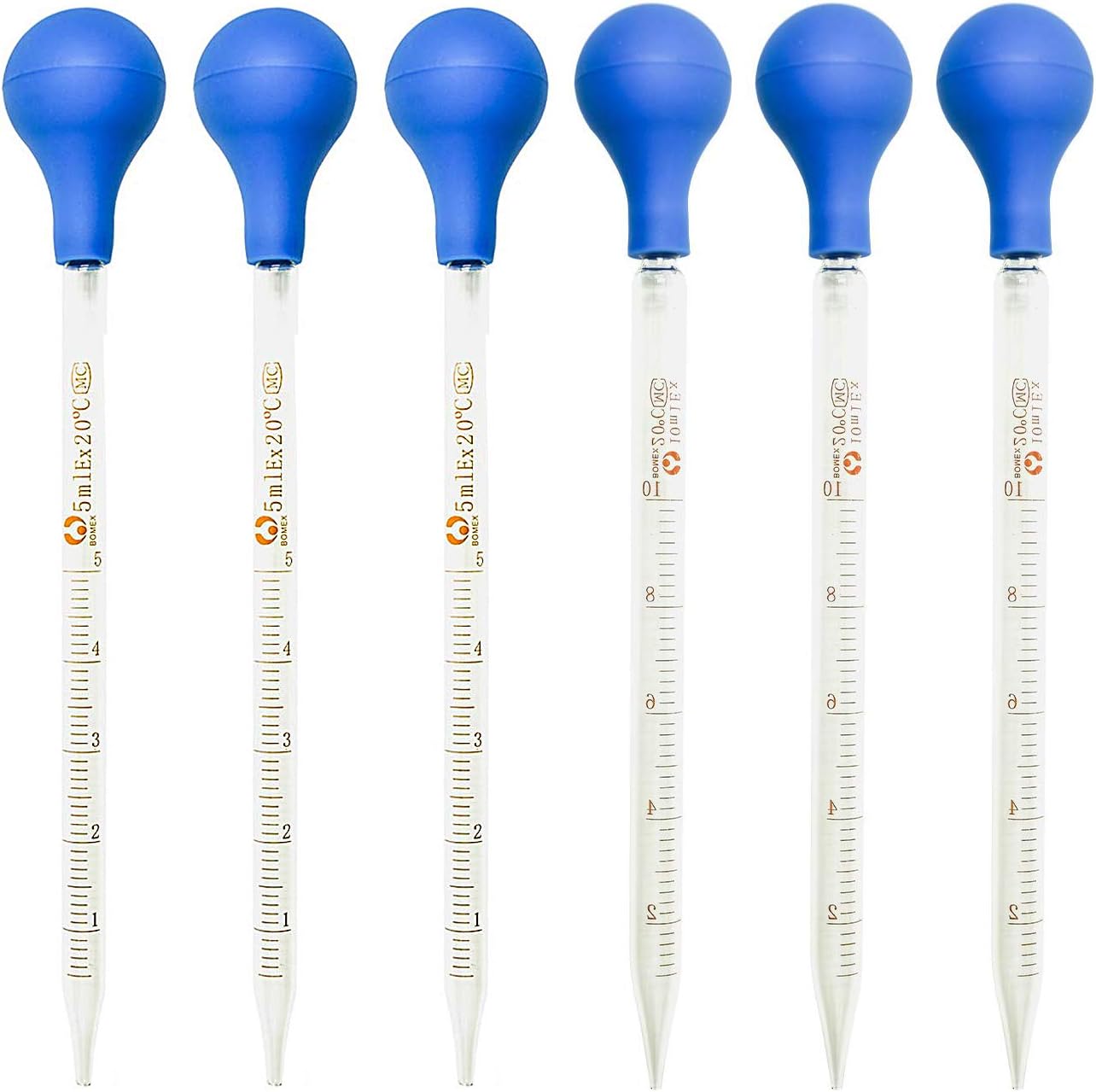 6 Pieces Glass Pipette 3 x 5ml + 3 x 10ml Glass Graduated Pipette Droppers Lab Pipette Transfer for Liquid Essential Oil with 6 Rubber Caps
