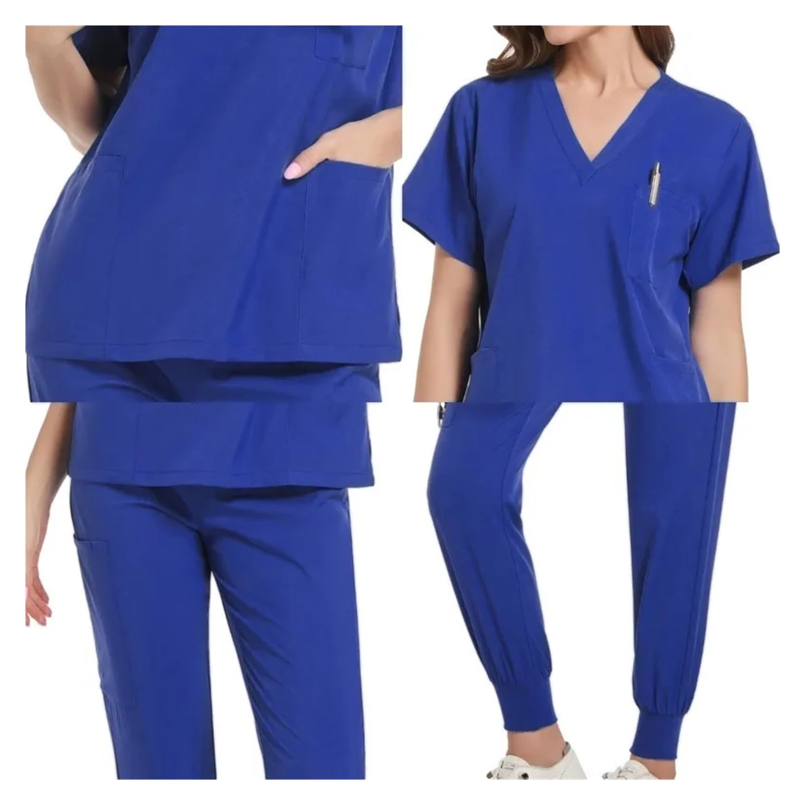 Medizinische Arbeitskleidung Damen Krankenschwester Uniformen Frau Kurzarm V-ausschnitt Top Scrubs Jogger Hosen Scrubs Set Frauen Sommer Casual Uniformes FüR Beauty Salon Klinik Krankenhaus(Blue,M)