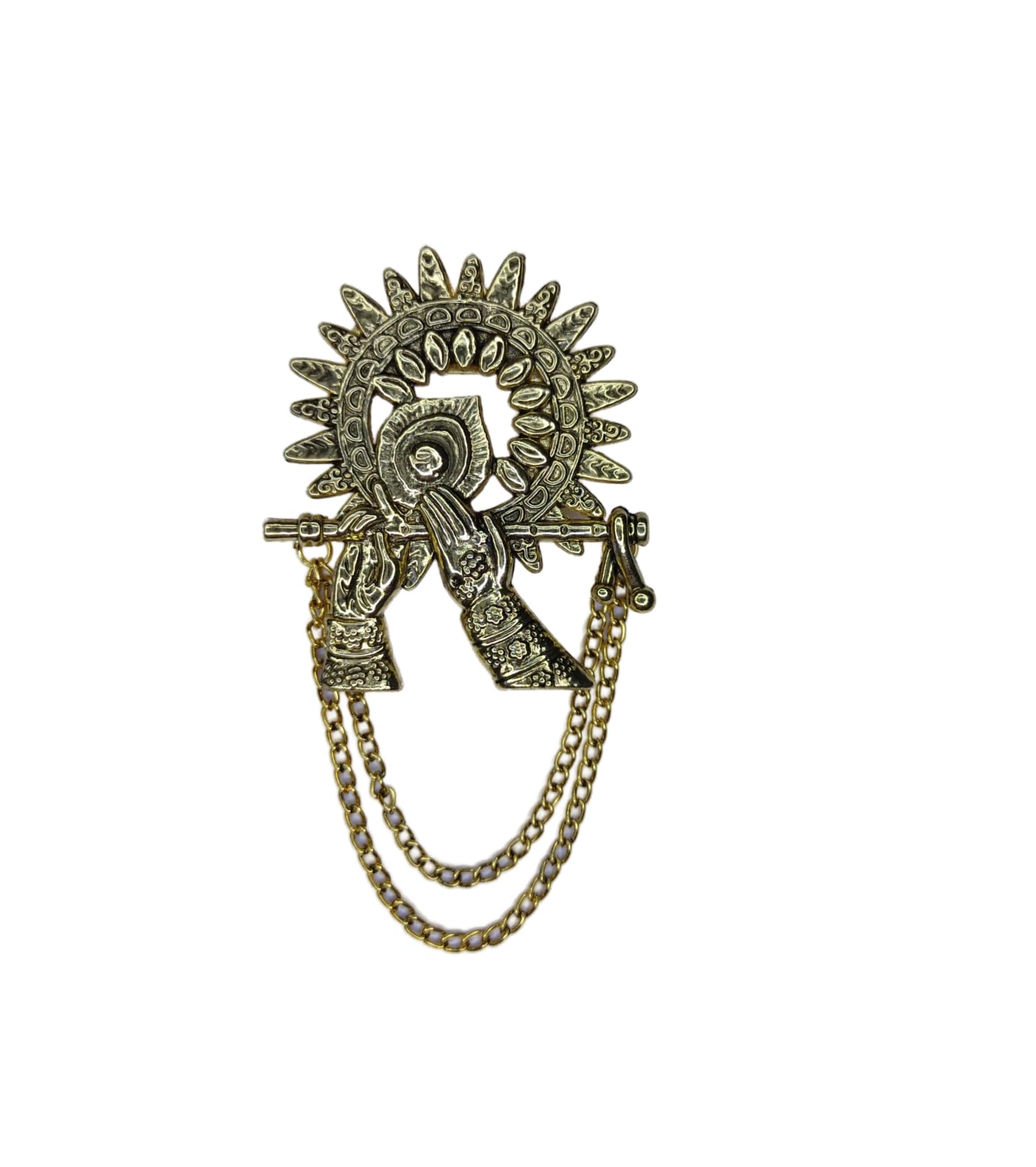 Mens Krishna's Flute Brooch Pin - its shown featuring Lord Krishna's hands holding a flute,with an attached chain.-image-24