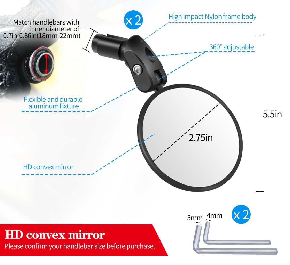Handlebar Bike Mirrors, 2pcs Bicycle Rearview Mirror Set, Adjustable Handlebar Mounted Convex Mirror with Allen Wrench, for Mountain Road Bikes (2 Mirrors)