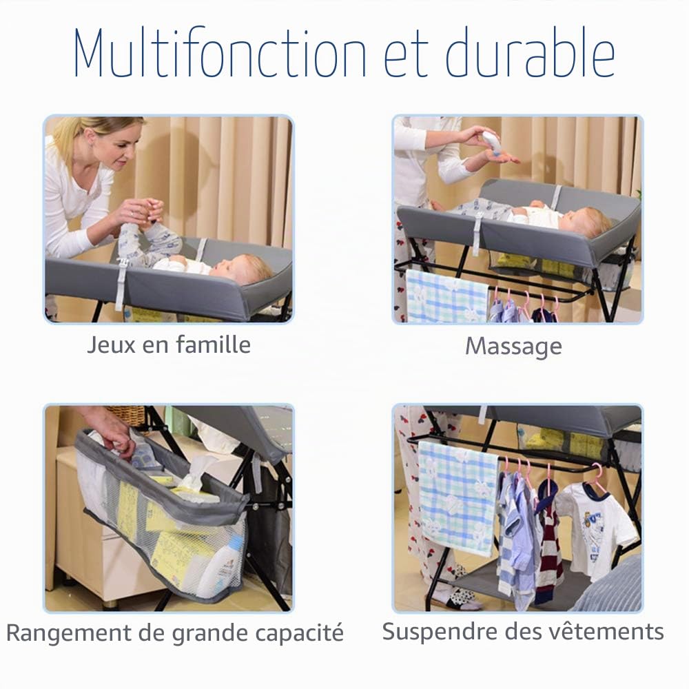 OHMG Table à langer pliable avec paniers et matelas à langer pour bébé,Table à Langer à Roulettes avec Panier de Rangement Positions Structure en Fer pour Nouveaux-Nés (A-Gris)