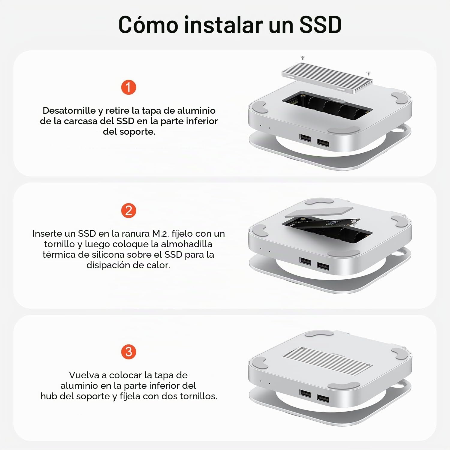 Qwiizlab Hub di supporto in alluminio con USB4 40Gbps Thunderbolt SSD Enclosure per Mac Mini M4/M4 Pro, 3 USB-A 2.0, supporta M.2 NVMe PCIe SSD Fino a 8TB (Argento)