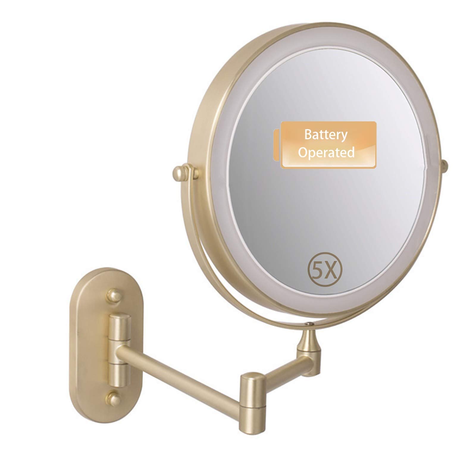 CFGJerWR Wall-mounted cosmetic mirror, Makeup Mirror with 5X Magnification - 3 Color Settings, 360° Swivel & Extendable, Battery Operated(Gold)