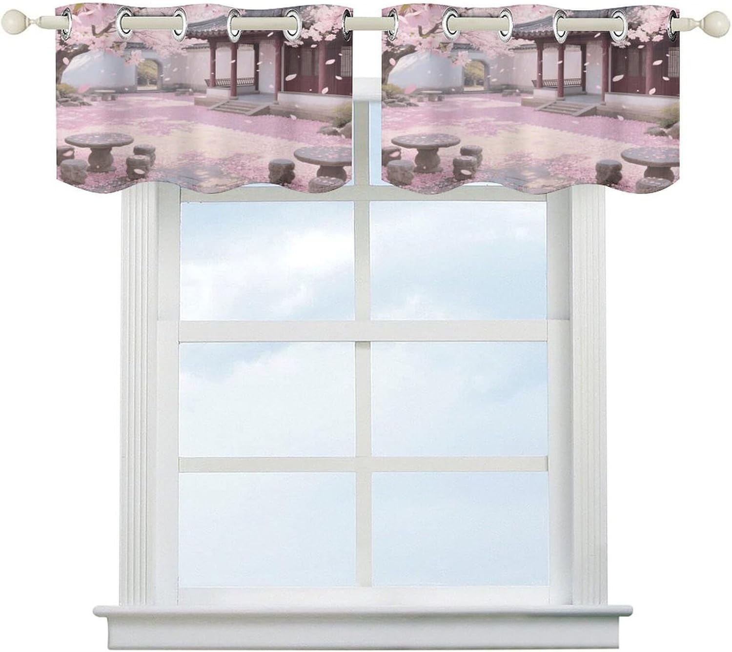 Cherry Blossom Garden Curtain 2 Panels, Polyester Fiber, Blackout Insulated Window Curtain, Curtain Valance for Kitchen Dining Room Living Room Cafe Small Window 52 * 18.1 Inches
