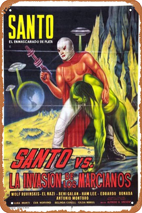Retro Tin Signs Cinema Poster Santo el enmascardo de plata vs la invasión de los marcianos Vintage Metal Signs Posters for Garage Man Cave Shop Bar Pub Decor 12x8 inch