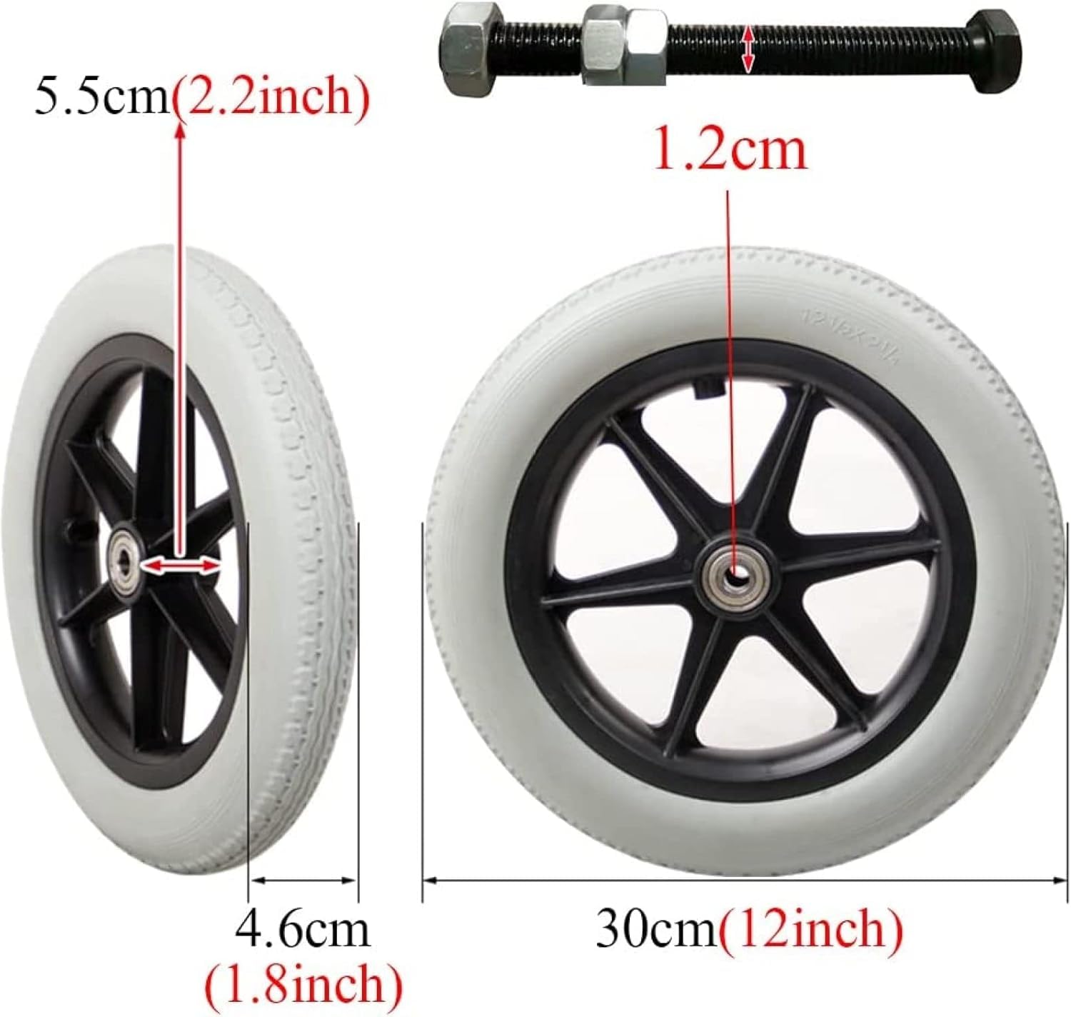 Ruedas de Repuesto para Silla de Ruedas Macizas de 12″/300 Mm, Rueda de Repuesto No Neumática para Silla de Ruedas Manual, Ruedas para Silla de Ruedas de 12 1/2 X 2 1/4,negro,30 Cm (12 Pulgadas)