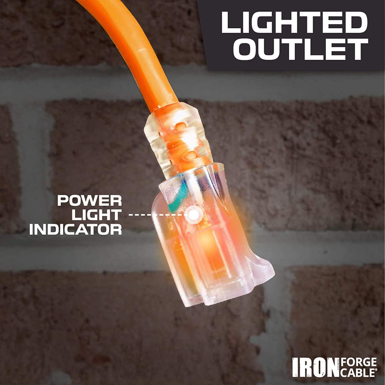 15 m langes Verlängerungskabel für den Außenbereich, beleuchtet, 14/3 SJTW, robustes orangefarbenes Verlängerungskabel mit 3 Zinken, geerdeter Stecker für Sicherheit, ideal für Garten und große Geräte