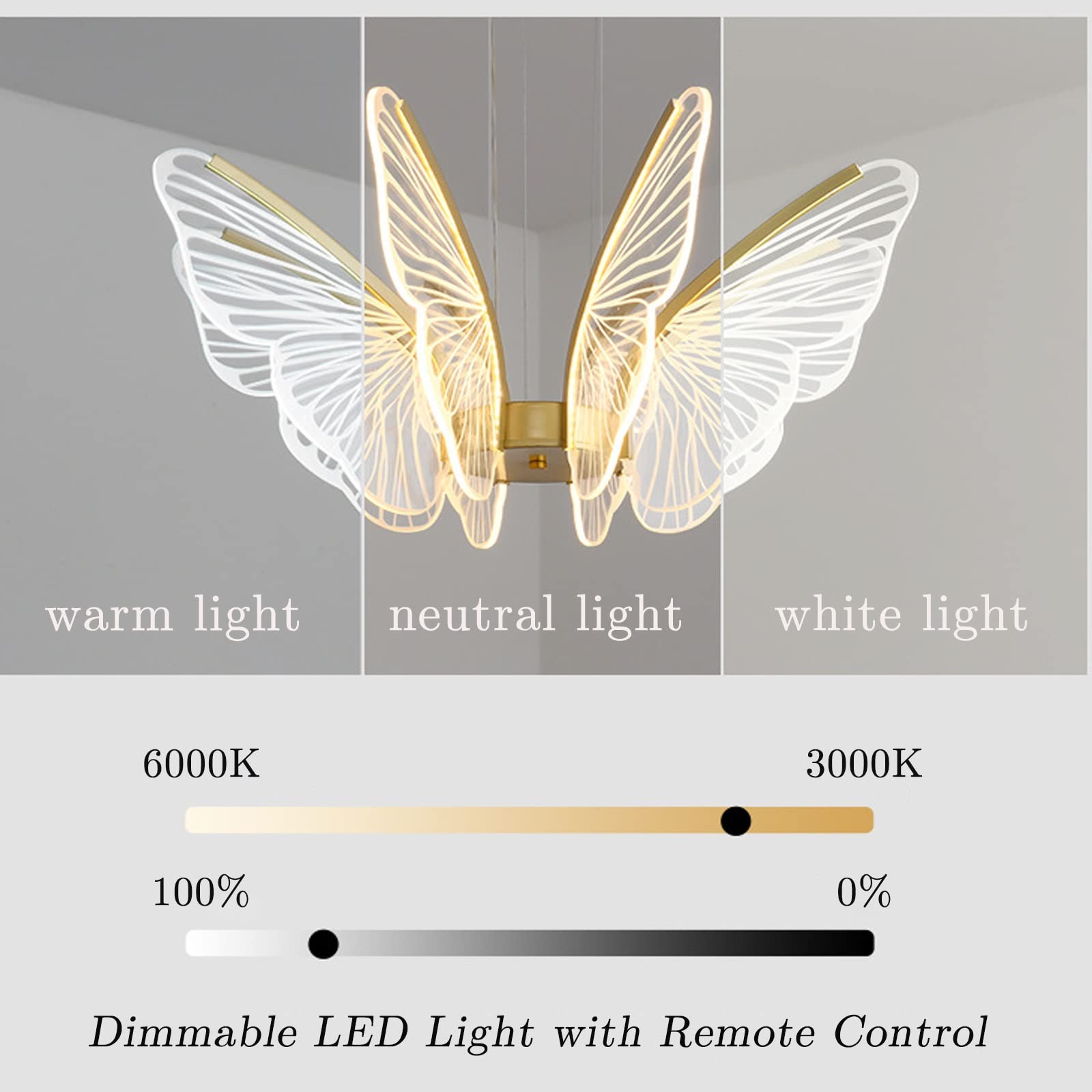 Lampada a sospensione , lampada a sospensione a LED a 6 luci con design a farfalla per soggiorno, lampada a soffitto a LED dimmerabile con montaggio a semi-incasso con telecomando, luci a sospensione