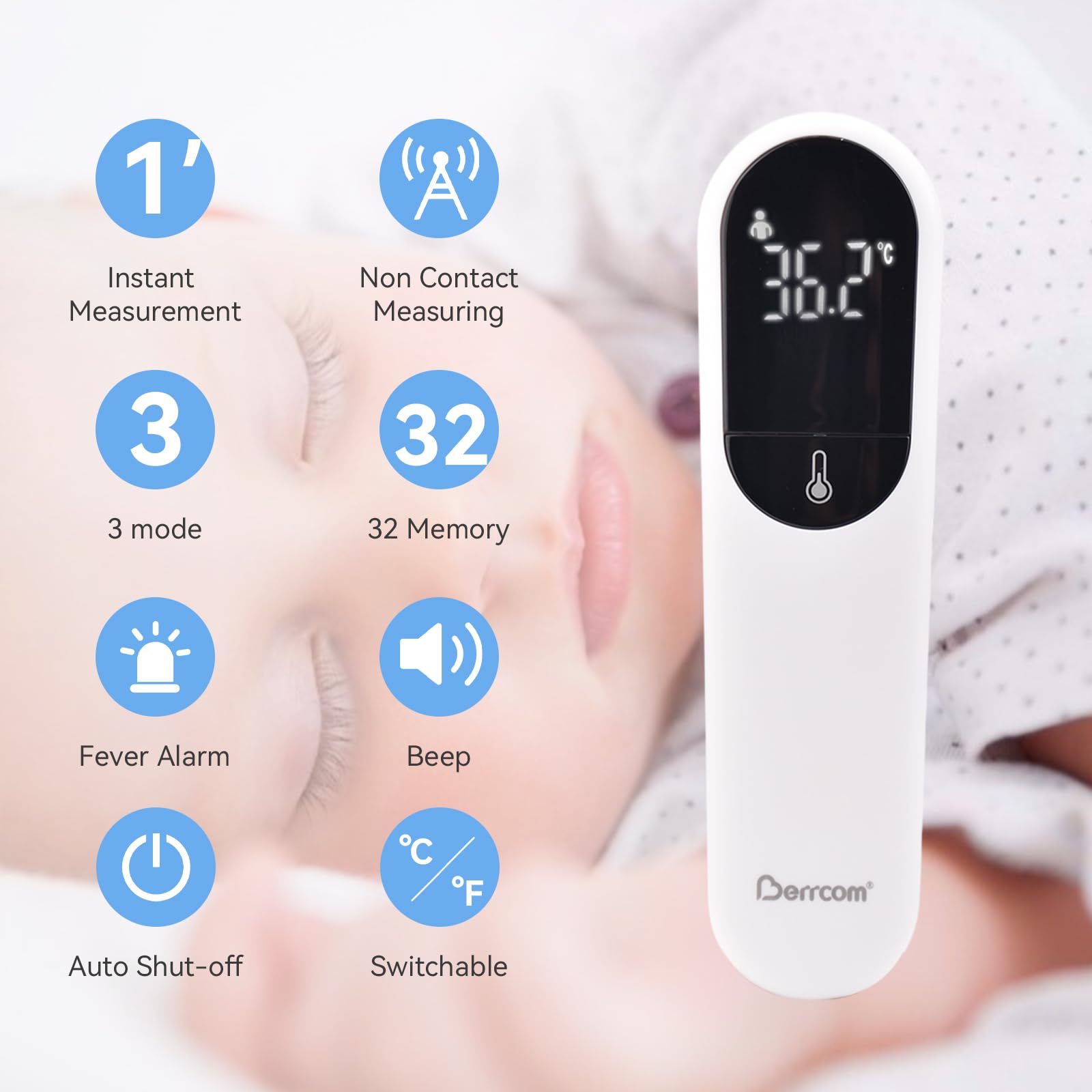 Berrcom Termometro Febbre Digitale Termometro Neonato Termometro Frontale a Infrarossi Senza Contatto Nuova Tecnologia a Doppia Sonda per Allarme Febbre, Interruttore °F/℃