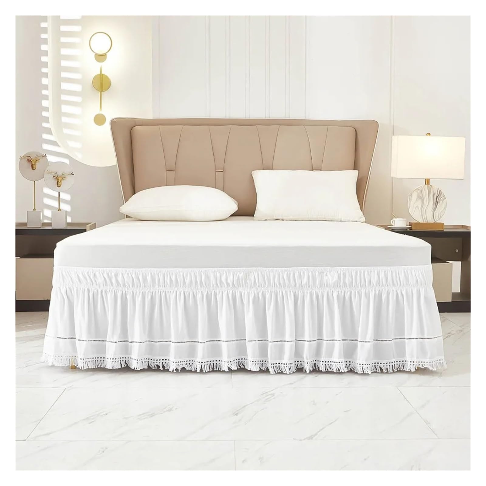 Faldón de Cama elástico Envolvente Práctica Falda de Cama elástica Blanca con Flecos, Colcha Volantes a Prueba Polvo, romántica for Cubrir Debajo la, Inn(60Inx80In)
