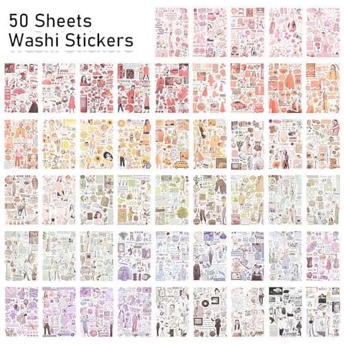 Image of HASTHIP 50 Sheets Vintage Washi Stickers, Scrapbook Stickers for Junk Journals, Aesthetic Sticker Book for Journaling Supplies, Art Bullet Journals, Scrapbooking and Paper Work, Home Decor