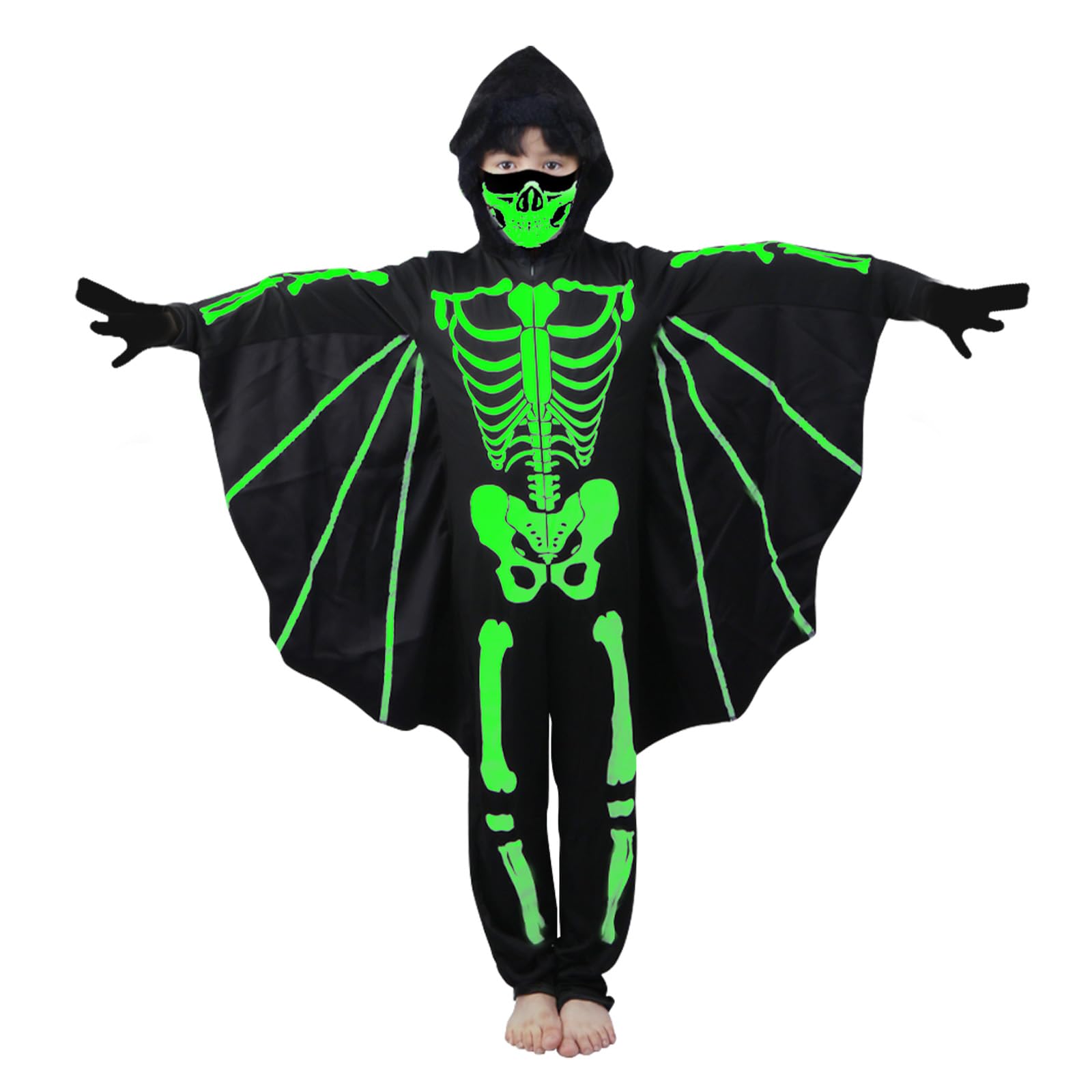 Joxessaien Children's Bat Skeleton Costume, Halloween Costume with Hood & Wings, Glow in the Dark