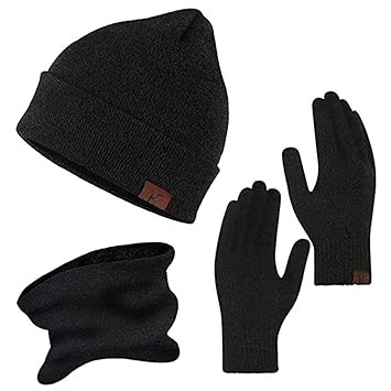 Winter Knit Beanie Hat Gloves and Scarf Set, Fleece Lined Skull Cap Warm Sccarf Touch Screen Gloves for Man Women (Dark Grey)