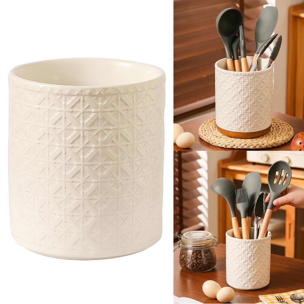 Support de comptoir en céramique avec finition à motifs pour ustensiles de cuisine