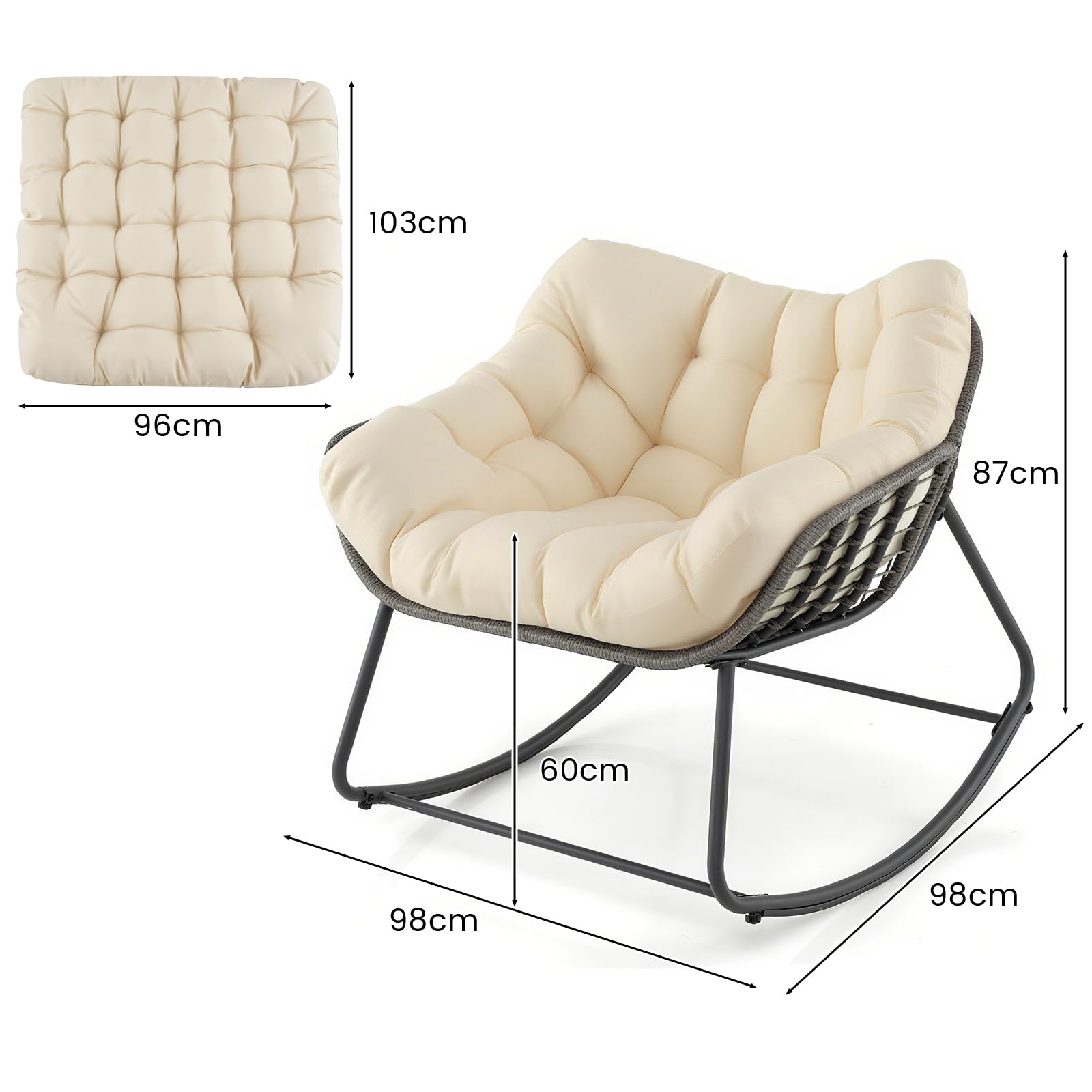 LIFEZEAL Rattan Schaukelstuhl Garten, Schwingsessel Schaukelsessel Outdoor, Relaxstuhl mit gepolstertem Kissen, Lesesessel für Balkon, Veranda, Wohnzimmer und Terrasse (Beige)