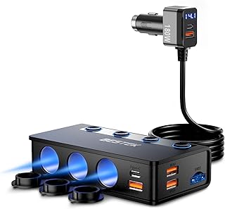 BESTEK 180W Cigarette Lighter Splitter, 3-Socket Cigarette Lighter Adapter with PD 65W&18W and QC3.0 18W*4 Charging Ports, LED Voltage Display Super Fast Charger Adapter for 12V/24V Vehicles